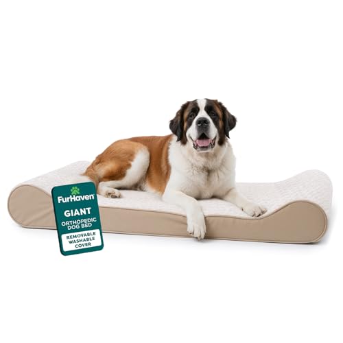 Image of Furhaven Orthopedic Dog Bed for Extra Large Dogs w / Removable Washable Cover, For Dogs Up to 180 lbs - Ultra Plush Faux Fur & Suede Luxe Lounger Contour Mattress - Cream, Giant /XXXL