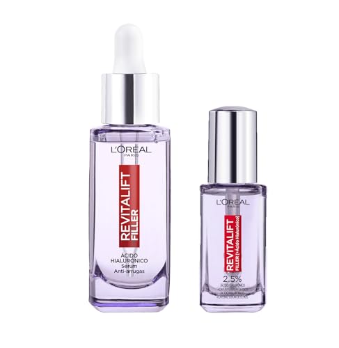 Rutina L'Oréal Paris Revitalift Filler Sérum Antiedad con Ácido Hialurónico. Hidrata, Ilumina y Rellena. 30ml + Sérum de Ojos con Ácido Hialurónico y Cafeína, Rellena Arrugas y Corrige ojeras, 20 ml