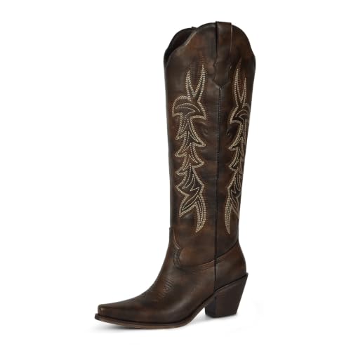 Image of wetkiss Women's Pointed Toe Cowboy Boots | Knee High Cowgirl Boots, Retro Embroidery, Chunky Heel, Pull-On, Style for a Classic Western Look,Stable and Comfortable