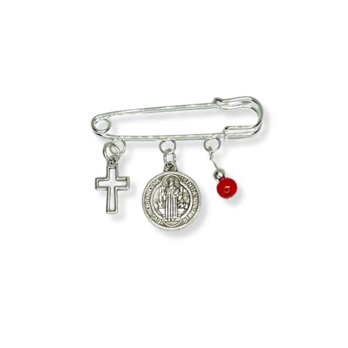 Religious Brooch with Murano Gel Beads and Charms - Silverplated - Gift for Birthdays, Valentine's, Christmas, Mother's Day, Comes in Gift Box with Prayer