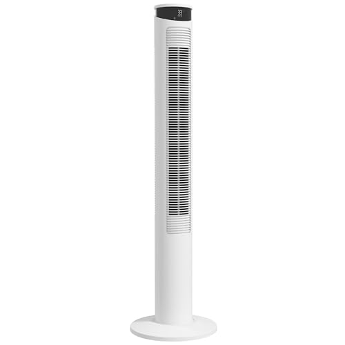 HOMCOM Ventilador de torre, ventilador de pedestal con 3 niveles de ventilación, mando a distancia, ventilador de 45W con temporizador 12H, 70° de oscilación, para dormitorios, blanco