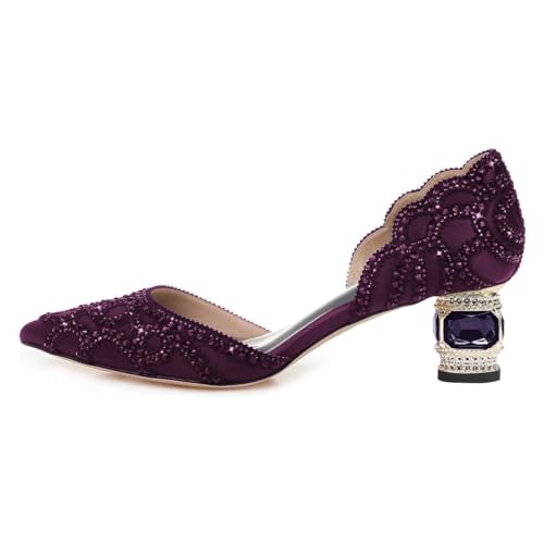 XYD Women's Pumps, Elegant Pointed Toe, D'Orsay Crystal Chunky Low Heels 2 Inches, Rhinestone Studs, Slip-On Satin Shoes for Wedding3