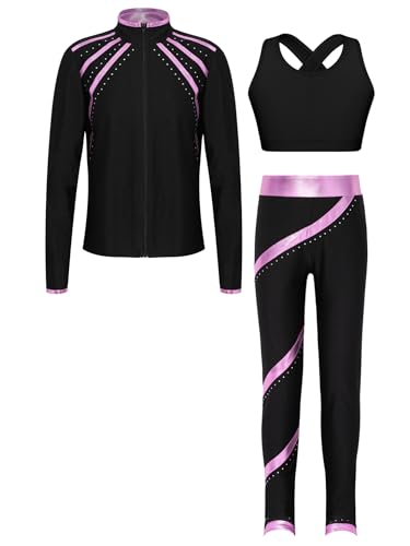 Hansber Kids Girls 3Pcs Dance Sports Outfit Crop Top Leggings with Long Sleeve Zipper Jacket Gym Yoga Training Tracksuit