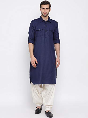 Image of VASTRAMAY Men's Cotton Blend Pathani Kurta Set || Stylish Pathani Style Kurta with Roll Up Sleeves and Relaxed Fit Patiala Salwar
