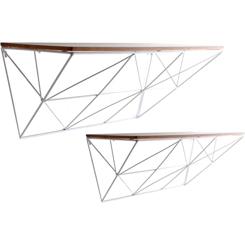 Garden Mile Geometric Modern Shelving Set of Two Floating Shelves White Metal & MDF Shelf Set Wooden Wall Mounted Storage for Home or Office Wall Hanging Mounted Storage