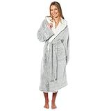 Daisy Dreamer Womens Robe Plush Shimmer Fleece Grey Hooded Dressing Gown Soft Long Bathrobe with Pockets Warm Fluffy Loungewear Robes for Ladies, Medium 12-14