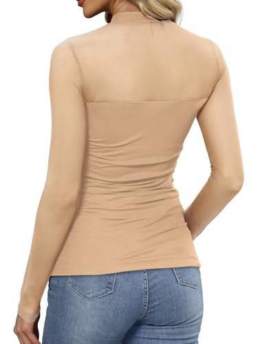 Sexy Tops for Women Date Night Outfits Mesh Long Sleeve Lace Shirts Fall Concert Outfits Mock Turtleneck Fashion Clothing C-Apricot - image 6