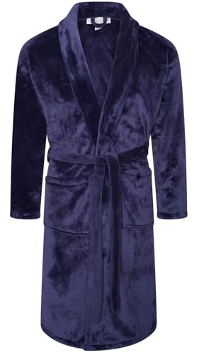 Adore Home Mens Soft Warm Flannel Fleece Bathrobe Dressing Gown Shawl, Navy Blue, L-XL