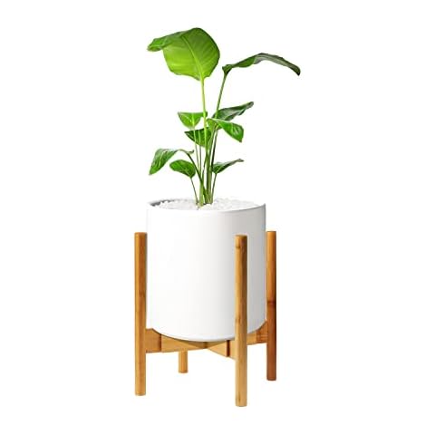 Mozing 8 inch Ceramic Plant Pots with Stand Indoor - Large Garden Planter Pot with Adjustable Bamboo Plant Stand for 8, 10, 12 inch Flower Pots, Home & Office Decor Cover
