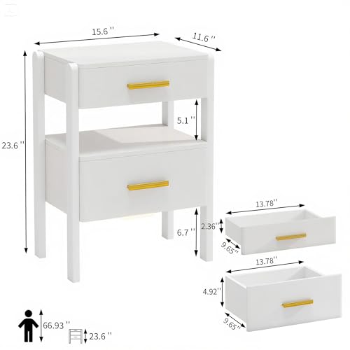 Image of Nightstand with 2 Drawers and Open Shelf Wooden Bedside Table (White---1)