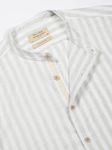 Image of Thomas Scott Men's Slim Fit Cotton Linen Casual Shirt with Mandarin Collar | Vertical Stripes | Three-Quarter Roll-Up Sleeves