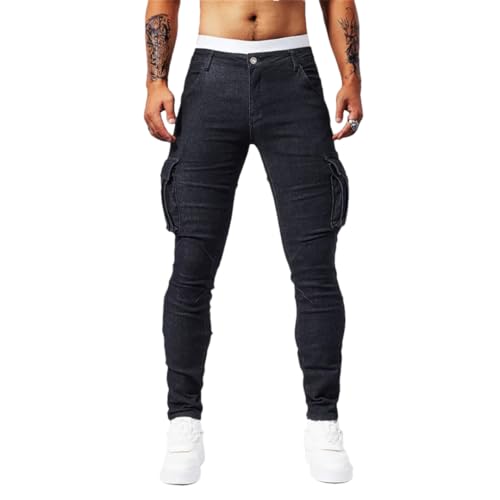 Mens Street Elastic Wash Solid Color Jeans Multi Pockets Denim Cargo Pants Black 31