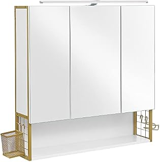 VASAGLE Bathroom Mirror Cabinet, Wall Cabinet with LED Light, 3-Door Wardrobe, with Adjustable Shelf, Hairdryer Holder, Storage Basket, Modern Chic Style, White and Gold BBK125A10
