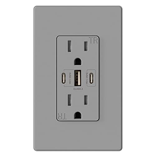 Image of ELEGRP USB Outlets, 30W 6.0 Amp USB C Outlets Receptacles, 3-Port USB Wall Outlet, 15 Amp Tamper-Resistant Outlet with 2 USB C Ports, UL Listed, Screwless Wall Plate Included, 1 Pack, Matte Grey