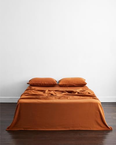 Bed Threads - Linen Flat Sheet - 100% French Flax Linen - 170 GSM - Luxury & Eco-Friendly - Breathable, Durable & Ultra-Soft - Single Flat Top Sheet Only - Machine Washable - King/Cali King - Rust