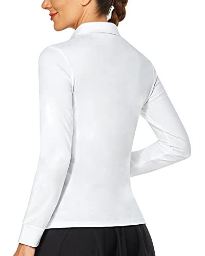 Hebepol Women's Golf Polo Shirt Daily Sport Work Long Sleeve T-Shirt Cotton V Neck Collared Tops For Woman B White #TOP1