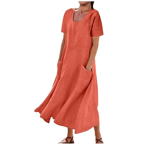 Lounge Maxi Dresses for Seniors Wrap Cotton Linen Dresses Comfy Short Sleeve Swing Flowy Tunic Dress with Pockets Orange Sun Dress