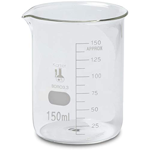 150ml Beaker, Low Form Griffin, Borosilicate 3.3 Glass, Spout & Printed Graduations, Karter Scientific 247G5 (Pack 24)