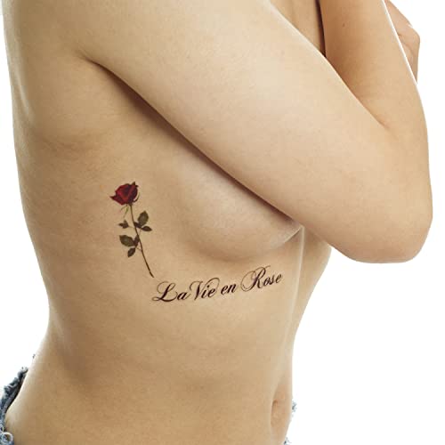 1 x Rosen Tattoo mit Schriftzug - La Vie en Rose - Temporary Body Tattoo - T109 (1)
