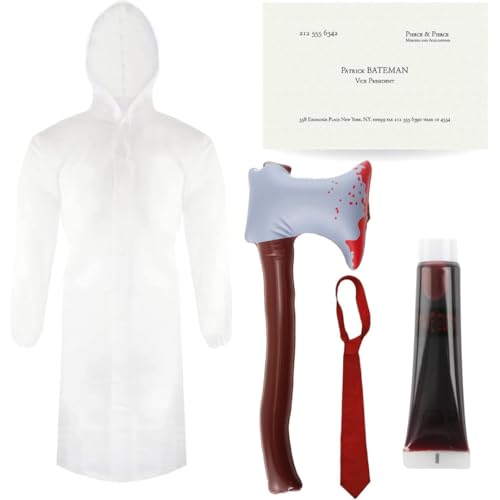 Adults Psycho Costume - Standard - Transparent Raincoat, Red Tie, Inflatable Axe, Business Card and Fake Blood - Mens Psycho Patrick Bateman American TV Film Character Halloween Fancy Dress Costume
