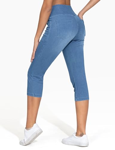THE GYM PEOPLE Women's Cross Waisted Stretchy Capri Denim Jeggings Tummy Control Skinny Jean Leggings with Pockets2