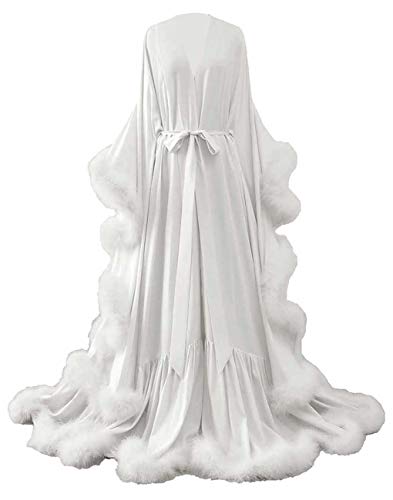 yinyyinhs Feather Bridal Robe Wedding Scarf Long Lingerie Robe Nightgown Bathrobe Sleepwear Ivory Size XXXL