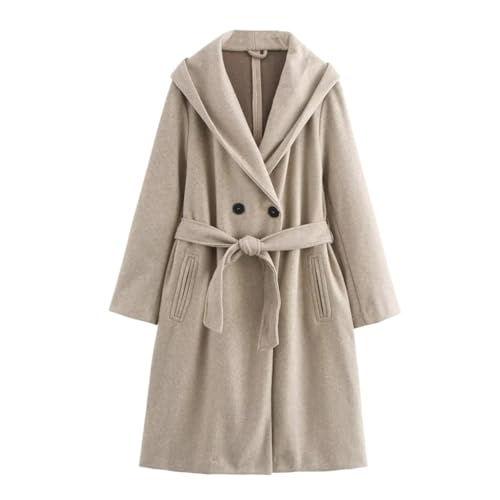 Womens Wool Blend Hooded Coats Long Sleeve Belted Trench Coat Casual Open Front Cardigan Jackets Overcoat