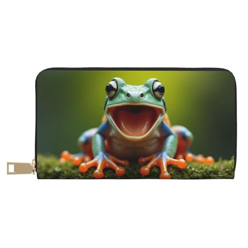 Wallet Women - Funny Green Frog Print Leather Wallet for Women with Zipper, Cute Bifold Long Ladies Wallets
