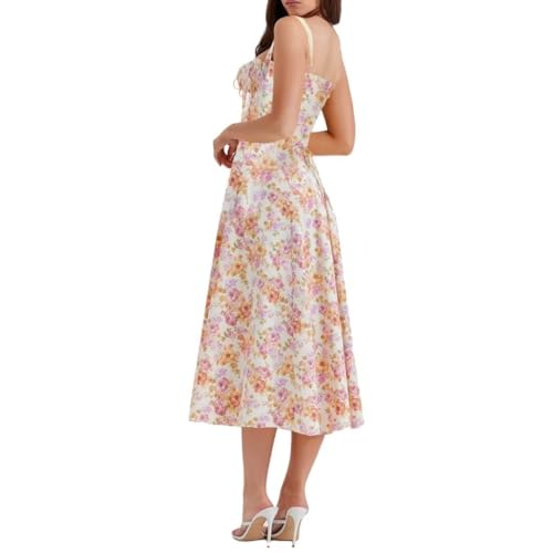 Image of Floral Corset Midi Dress Square Neck A Line Dress with Slit | Square neck floral midi dress with front tie bust wide straps A-line skirt side slit and lightweight fabric