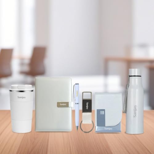 Image of Giftana Personalized Diary with Pen, Coffee Tumbler 510ml, Water Bottle 750ml, Keychain, Card holder Gift Set for Men and Women, 6 in 1 Personalised Corporate Gifting for Employee (White)