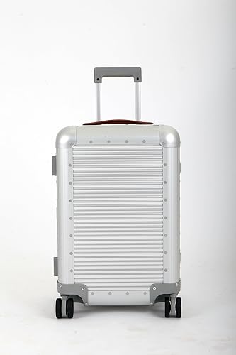 MILANO Bank 22"- Made in Italy Aluminum & Leather Carry-On Luggage - Framed Hardside Cabin Plus Suitcase with 4 Spinner Wheels - Large Carry-on Travel - Moonlight Silver3