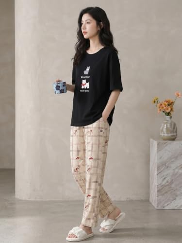 Image of Women's Korean Style Looper Fabric Nightsuit Set | Cute Print Half Sleeve T-Shirt & Pajama Set | Soft Comfortable Nightwear & Loungewear for Women