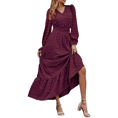 Vestidos de verano para mujer, vestidos de otoño de 2023, manga larga, cuello en V, lunares, maxivestido de cintura alta, acampanado, con volantes, para mujer, Reino Unido, rosso, S