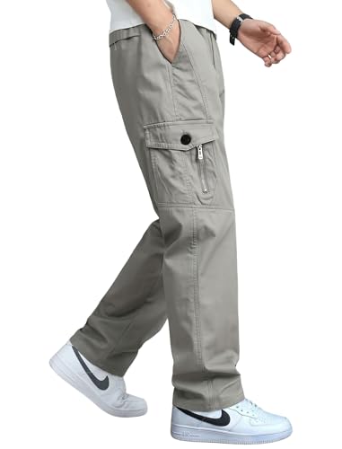 Image of Men's Cargo Pants-100% Premium Cotton Tapered Fit Lightweight Breathable Multi-Pocket Drawstring Utility Casual Trousers