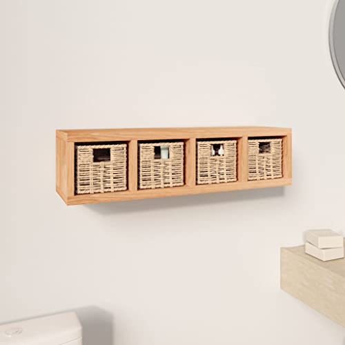 JHQHSM Estantería de pared con cestas, 62 x 18 x 16 cm, madera maciza de nogal, 4 cestas extraíbles, solución de almacenamiento, organizador, ahorro de espacio, montaje en pared para CD, libros
