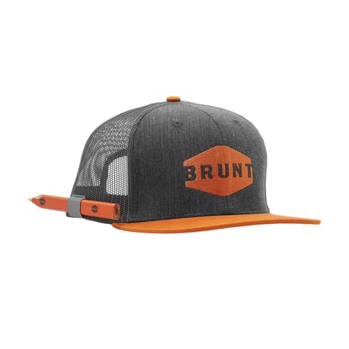 BRUNT Flat Brim Snapback - Grey Heather & Orange - Work Hat with Built-in Pencil Holder - One Size Fits Most