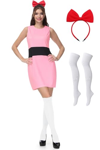Maisolly Halloween Women Cosplay Blossum Mini Costume Lovely Party Knee Length Sleeveless Dress Pink with Hair Band XL