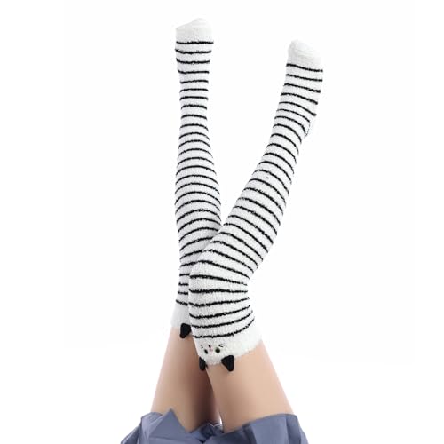 Image of Thigh High Fuzzy Socks Cute Animal Coral Fleece Over the Knee Thigh High Long Stockings Warm Stripe