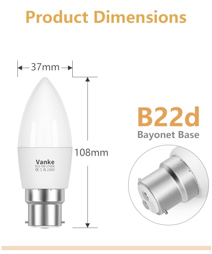Vanke Bayonet Candle Light Bulb 40w Equivalent, B22 LED Bulbs Warm White 2700K, 6w Energy Saver Bulb, 470 Lumen, Non-Dimmable, 3-Pack - Image 2