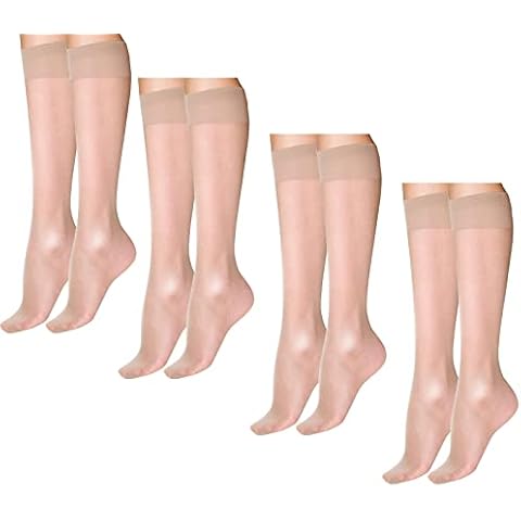 4 Pairs Knee Highs 20 Denier Smooth Knit Casual Multipack Knee High Pop Socks with Comfort Top Tights (Natural Tan) Cover