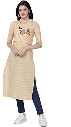 Image of EthnicJunction Women's Pinstripe Cotton Blend Cycle Embroidery with Ruffle Lace Work Straight Kurti