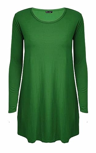 Womens Plain Long Sleeve Stretch A Line Skater Flared Swing Dress Top Plus Size T-Shirt 8-26 (26, Bottle Green)