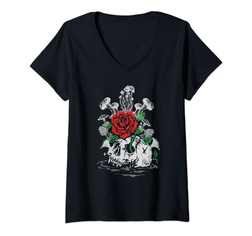 Donna Cranio Floreale Micologo E Funghi In Estetica Goblincore Maglietta con Collo a V
