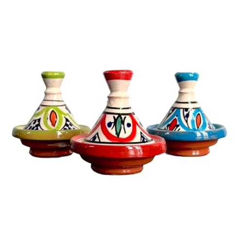 Set 3 Mini Tajine Marocchini Colorati in Ceramica Artigianale – Porta Spezie da Tavola H 8,5 cm Ø 7,5 cm, Ideali per Cucina, Aperitivi e Mise en Place Orientale ABC