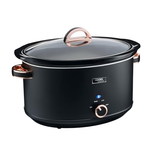 Cooks Professional Slow Cooker 8 Litre with Glass Lid Cool Touch Handles Dishwasher Safe Bowl 2 Heat Settings & Keep Warm Function | X-Large One Pot Cooking Machine | Black & Rose Gold