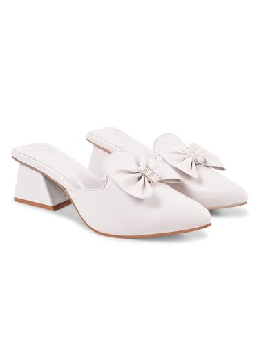 Image of JM LOOKS Women's Pointed Toe Mules with Bow Accent Stylish Block Heel Slip-On for Effortless Elegance For Women & Girls