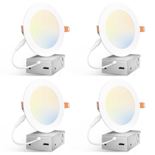 Amico 4 Pack 5 Inch 5CCT Ultra-Thin LED Canless Recessed Ceiling Light with Junction Box 2700K/3000K/3500K/4000K/5000K Selectable 11W=75W 900LM High Brightness Dimmable Wafer Downlight-ETL&FCC