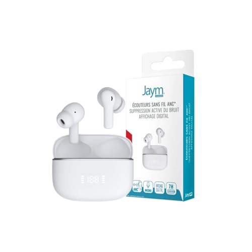 JAYM - Ecouteurs True Wireless Annulation du Bruit ANC+enc - Affichage Digital - Bluetooth 5.4 Blancs - G54