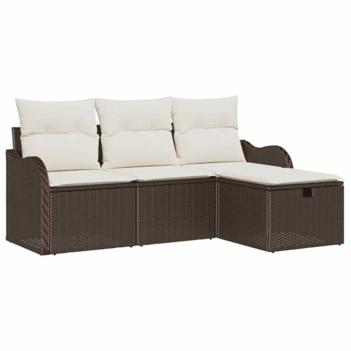 vidaXL Conjunto de Sofá de Jardín de 4 Piezas con Cojines Marrón de Rattan Poliéster Modular para 3 Personas, Resistente al Clima. Ideal para Patio, Balcón y Terrazas. Sofá a Prueba de Clima.