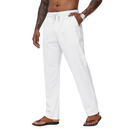 Men's Casual Pants Drawstring Loose Summer Yoga Pant Beach Loose Trousers Linen Pants with Elastic Waistband White XL